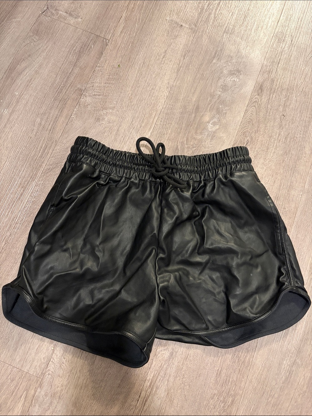 Beige Botany Women’s Black Faux Leather Drawstring Shorts